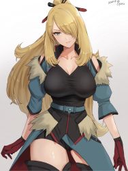 Rule 34 | 1girl, bare shoulders, blonde hair, breasts, cleavage, collarbone, creatures (company), cynthia (pokemon), cynthia (sygna suit) (aura) (pokemon), game freak, gloves, grey eyes, hair ornament, hair over one eye, highres, large breasts, long hair, looking at viewer, nintendo, official alternate costume, pokemon, pokemon masters ex, ponytail, smile, solo, thighhighs, thighs, very long hair, wavy hair, yamamori kinako