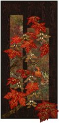 Rule 34 | autumn, autumn leaves, bird, border, branch, brown background, brown theme, commentary, english commentary, heleneknott, leaf, maple leaf, maple tree, no humans, orange feathers, original, quilt (medium), transparent background, tree, unconventional media