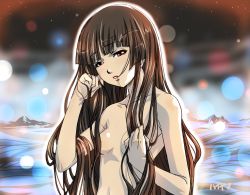 Rule 34 | 00s, 1girl, black hair, blunt bangs, breasts, brown hair, enma ai, hair censor, hair in own mouth, hair over breasts, hime cut, jigoku shoujo, long hair, makisige, mouth hold, navel, nude, red eyes, small breasts, solo