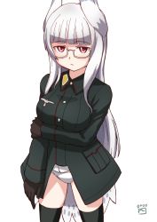 Rule 34 | 1girl, animal ears, black gloves, blunt bangs, breasts, buttons, commentary, expressionless, finalcake, glasses, gloves, heidimarie w. schnaufer, large breasts, long hair, long sleeves, military, military uniform, necktie, panties, parted lips, red eyes, red necktie, simple background, solo, standing, strike witches, thighhighs, underwear, uniform, white background, white panties, wing collar, world witches series