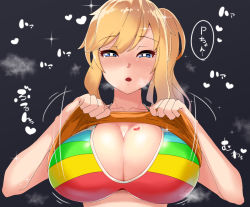 Rule 34 | 1girl, :o, bad id, bad pixiv id, bare arms, bikini, bikini under clothes, black background, blonde hair, blue eyes, blush, breasts, bright pupils, cleavage, collarbone, half-closed eyes, heart, idolmaster, idolmaster cinderella girls, large breasts, long hair, looking at viewer, motion lines, multicolored bikini, multicolored clothes, naughty face, nose blush, ohtsuki yui, open mouth, ponytail, sidelocks, signum (nanohanano77), simple background, sleeveless, solo, sparkle, steaming body, sweat, swept bangs, swimsuit, translation request, upper body