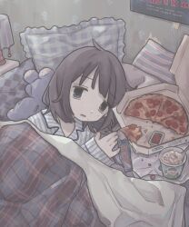 Rule 34 | 1girl, absurdres, bags under eyes, bed, ben &amp; jerry&#039;s, black eyes, brand name imitation, brown hair, depressed, food, gudon udon, highres, ice cream, lamp, mole, mole under eye, mole under mouth, multiple moles, on bed, original, pajamas, pillow, pizza, pizza box, poster (object), short hair, snickers (brand), solo, stuffed animal, stuffed toy, teddy bear, the silence of the lambs, under covers