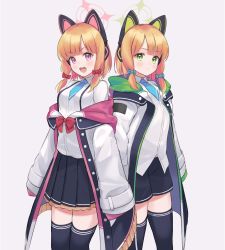 Rule 34 | 2girls, absurdres, animal ear headphones, animal ears, bad id, bad pixiv id, blonde hair, blue archive, cat ear headphones, commentary request, fake animal ears, green eyes, haeil2, headphones, highres, jacket, looking at viewer, midori (blue archive), momoi (blue archive), multiple girls, open mouth, red eyes, ribbon, short hair, siblings, simple background, sisters, thighhighs, white background