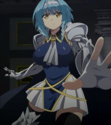 Rule 34 | 10s, 1girl, armor, blue hair, breasts, female focus, highres, large breasts, nonaka yuki, screencap, shinmai maou no testament, solo, standing, stitched, third-party edit