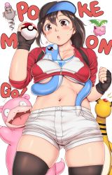 Rule 34 | 1girl, ampharos, baseball cap, between breasts, blush, breasts, brown eyes, brown hair, brown thighhighs, collarbone, commentary request, cowboy shot, creatures (company), crop top, don&#039;t dead open inside, dratini, fangs, female protagonist (pokemon go), fingerless gloves, game freak, gen 1 pokemon, gen 2 pokemon, gloves, gluteal fold, hair between eyes, hat, head tilt, heart, highres, holding, holding poke ball, hoppip, large breasts, lightning bolt symbol, lips, long hair, looking at viewer, medium breasts, navel, nintendo, open mouth, orizen, poke ball, pokemon, pokemon (creature), pokemon go, pokephilia, short shorts, short sleeves, shorts, simple background, slowpoke, sweatdrop, tareme, thick thighs, thighhighs, thighs, white background