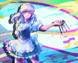 Rule 34 | 1girl, apron, between fingers, black legwear, blue dress, blue eyes, boots, braid, breasts, collared shirt, dress, frilled apron, frills, green ribbon, hair ribbon, highres, holding, holding knife, izayoi sakuya, knife, knives between fingers, large breasts, looking at viewer, maid, maid apron, maid headdress, one eye closed, puffy short sleeves, puffy sleeves, rainbow gradient, ribbon, shirt, short sleeves, silver hair, smile, solo, touhou, tress ribbon, twin braids, unconnected marketeers, white apron, wing collar, yutarou