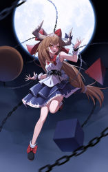 Rule 34 | 1girl, absurdres, arms at sides, bare shoulders, belt, black footwear, blouse, blue skirt, bow, bowtie, chain, commentary, cube, cuffs, footwear bow, full body, full moon, gourd, hair bow, hand up, highres, horn bow, horn ornament, horns, ibuki suika, leg up, light brown hair, long hair, low-tied long hair, moon, night, night sky, open mouth, orange eyes, orb, pyramid (structure), red bow, red bowtie, sbbs, shackles, shirt, skirt, sky, sleeveless, sleeveless shirt, smile, solo, touhou, very long hair, white shirt, wrist cuffs