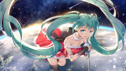 Rule 34 | 1girl, absurdly long hair, aqua eyes, christmas, collarbone, earrings, green hair, hand on own chest, hatsune miku, highres, jewelry, long hair, looking at viewer, maya g, microphone, microphone stand, open mouth, santa costume, solo, thighhighs, twintails, very long hair, vocaloid