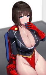 Rule 34 | 1girl, artist request, bodysuit, breasts, brown hair, cleavage, drinking, highres, large breasts, leotard, looking at viewer, open bodysuit, open clothes, original, shiny clothes, shiny skin, short hair, sitting, tea