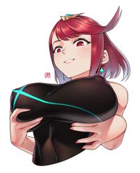 Rule 34 | 1girl, grabbing another&#039;s breast, breast lift, breasts, commentary request, competition swimsuit, covered erect nipples, cropped torso, earrings, grabbing, highres, jewelry, large breasts, nintendo, one-piece swimsuit, pyra (pro swimmer) (xenoblade), pyra (xenoblade), red eyes, red hair, short hair, solo, swimsuit, white background, xenoblade chronicles (series), xenoblade chronicles 2, yan wan
