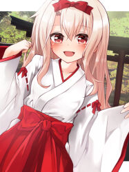 Rule 34 | 1girl, blonde hair, blush, breasts, fate/grand order, fate/kaleid liner prisma illya, fate (series), hakama, highres, illyasviel von einzbern, japanese clothes, kimono, long hair, long sleeves, looking at viewer, miko, mochi (k620803n), open mouth, red eyes, red hakama, ribbon-trimmed sleeves, ribbon trim, small breasts, smile, solo, white kimono, wide sleeves