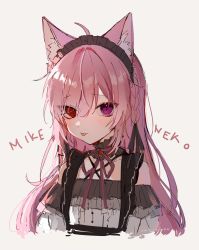 Rule 34 | 1girl, ahoge, animal ears, bare shoulders, cat ears, character name, chinese text, dress, flat chest, frilled dress, frills, hairband, heterochromia, highres, indie virtual youtuber, looking at viewer, mikeneko (vtuber), mikeneko (vtuber) (1st costume), ookami ciro, pink hair, purple eyes, red eyes, ribbon, simple background, simplified chinese text, solo, tongue, tongue out, upper body, virtual youtuber, white background