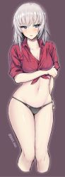 Rule 34 | 10s, 1girl, alternate costume, black panties, blouse, blue eyes, blush, breast hold, breasts, cleavage, cropped legs, girls und panzer, hand on own hip, itsumi erika, medium breasts, navel, no pants, onsen man, panties, red shirt, shirt, silver hair, simple background, skindentation, sleeves rolled up, solo, sweatdrop, thighs, tied shirt, twitter username, underwear