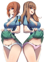 Rule 34 | 2girls, absurdres, alternate costume, aoshidan school uniform, belt, black belt, blue shirt, blunt bangs, bow, bow panties, breasts, brown eyes, brown hair, cleavage, closed mouth, clothes lift, collared shirt, commentary, cowboy shot, girls und panzer, green skirt, groin, highres, lifting own clothes, long hair, looking at viewer, medium breasts, multiple girls, navel, nishizumi miho, open mouth, panties, pink panties, pleated skirt, sattinittas, school uniform, shirt, short hair, short sleeves, side-by-side, simple background, skirt, skirt lift, smile, spanish flag, standing, suspender skirt, suspenders, takebe saori, underwear, white background, white panties
