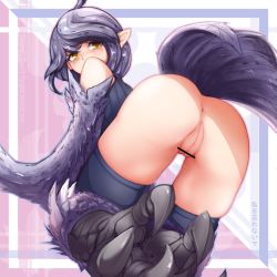 Rule 34 | 1girl, ahoge, anus, ass, bar censor, bare shoulders, bird tail, blush, bottomless, censored, cleft of venus, commentary, english text, from behind, grey hair, harpy, harpy (monster girl encyclopedia), looking back, monster girl, monster girl encyclopedia, nanostar, pointless censoring, pointy ears, pussy, short hair, solo, tail, talons, thighhighs, winged arms, wings, yellow eyes