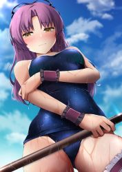 Rule 34 | 1girl, blush, breasts, bridal garter, covering privates, covering chest, eiyuu densetsu, embarrassed, falcom, hair ribbon, highres, kuro yanagi, long hair, one-piece swimsuit, purple hair, renne (eiyuu densetsu), ribbon, school swimsuit, sen no kiseki, shiny clothes, skindentation, staff, swimsuit, wet, wet clothes, yellow eyes