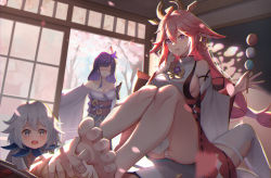 Rule 34 | 4girls, absurdres, bare legs, bare shoulders, barefoot, blonde hair, breasts, caught, cleavage, congyu, dango, dress, food, foot on another&#039;s face, genshin impact, girl on top, hair between eyes, hair ornament, highres, indoors, japanese clothes, kimono, large breasts, legs, lumine (genshin impact), lying, miko, multiple girls, on back, open mouth, paimon (genshin impact), panties, pantyshot, pink hair, pink panties, purple eyes, purple hair, raiden shogun, shaded face, sideboob, sitting, sitting on person, sliding doors, smile, soles, stepped on, striped clothes, striped panties, thighhighs, toenails, toes, tree, underwear, wagashi, walk-in, white dress, white hair, white legwear, white panties, yae miko