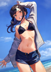 Rule 34 | 1girl, beach, bikini, bikini top only, bikini under clothes, black bikini, black hair, blue sky, commentary request, day, denim, denim shorts, halterneck, highres, jacket, jewelry, kinta (distortion), long hair, looking at viewer, midriff, navel, necklace, open clothes, open jacket, open mouth, original, outdoors, short shorts, shorts, sky, smile, solo, swimsuit, yellow eyes