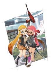 Rule 34 | 2girls, ;d, ;p, bad id, bad pixiv id, blazer, blue eyes, bow, bowtie, breasts, cardigan, fangs, full body, hair ornament, hairclip, heart, highres, inkling, inkling girl, inkling player character, jacket, long sleeves, looking at viewer, mask, multiple girls, necktie, nintendo, one eye closed, open mouth, orange eyes, red hair, school uniform, shorts, shorts under skirt, skirt, small breasts, smile, tentacle hair, tongue, tongue out, yellow eyes, yu-ri (arium047)