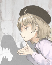 Rule 34 | 1girl, ahoge, beret, brown eyes, collared shirt, commentary request, different shadow, dog shadow puppet, from side, hands up, hat, hatoba tsugu, leaning forward, light brown hair, long sleeves, looking ahead, medium hair, nakashima (pluscolor), own hands together, parted lips, pink shirt, profile, shirt, solo, suspenders, tsugu (vtuber), upper body, virtual youtuber, wall
