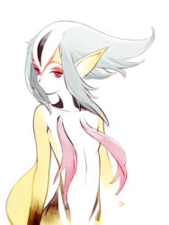 Rule 34 | 1girl, ao no roku-gou, colored skin, female focus, image sample, iwamoto zerogo, looking at viewer, monster girl, mutio, pixiv sample, pointy ears, red eyes, silver hair, solo, yellow skin