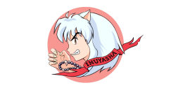 Rule 34 | 1boy, ace combat 7: skies unknown, animal ears, character name, commentary request, dog boy, dog ears, emblem, fang, fingernails, from side, grin, inuyasha, inuyasha (character), long hair, looking at viewer, portrait, sharp fingernails, simple background, slit pupils, smile, teeth, thompson (solowingfh), trigger (ace combat), white background, white hair, yellow eyes