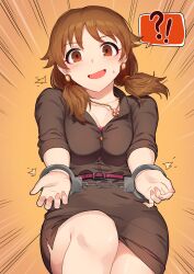 Rule 34 | !?, 1girl, belt, black dress, blush, brown eyes, brown hair, collared dress, commentary, cuffs, dress, earrings, emphasis lines, hair over shoulder, hair tie, handcuffs, highres, idolmaster, idolmaster cinderella girls, jewelry, kamille (vcx68), katagiri sanae, knee up, looking at viewer, low twintails, medium hair, necklace, open mouth, orange background, pencil dress, red belt, short dress, short sleeves, smile, solo, spoken interrobang, sweatdrop, twintails