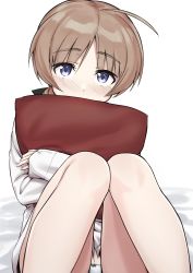 Rule 34 | 1girl, absurdres, ahoge, blue eyes, blush, brown hair, covered mouth, highres, lynette bishop, hugging object, panties, pillow, pillow hug, shirt, simple background, sitting, solo, strike witches, underwear, white background, white panties, white shirt, world witches series