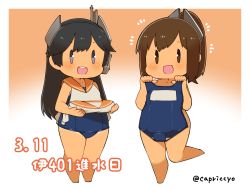 Rule 34 | black hair, blouse, blue one-piece swimsuit, brown eyes, brown hair, capriccyo, clothes in front, commentary request, dated, full body, gradient background, hair ornament, hairclip, headgear, highres, i-400 (kancolle), i-401 (kancolle), kantai collection, long hair, looking at viewer, name tag, one-piece swimsuit, one-piece tan, open mouth, orange background, orange sailor collar, ponytail, purple eyes, sailor collar, sailor shirt, school swimsuit, shirt, short ponytail, sleeveless, sleeveless shirt, smile, swimsuit, unworn swimsuit, swimsuit under clothes, tan, tanline, twitter username, white background, white shirt