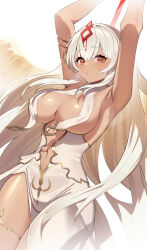 Rule 34 | 1girl, absurdres, angel wings, armpits, arms up, azur lane, blush, breasts, closed mouth, commentary request, covered erect nipples, crop top, crop top overhang, dark-skinned female, dark skin, dress, highres, holding, holding polearm, holding weapon, large breasts, long hair, navel, polearm, red eyes, sao martinho (azur lane), shiromitsu, side slit, simple background, solo, spear, stomach, sweatdrop, thigh strap, very long hair, weapon, white background, white dress, white hair, white wings, wings