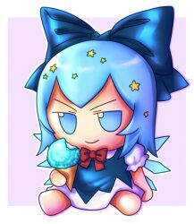 Rule 34 | 1girl, blue bow, blue dress, blue eyes, blue hair, bow, chibi, cirno, commentary, dress, food, fumo (doll), hair bow, hair ornament, holding, holding food, holding ice cream, holding ice cream cone, ice, ice cream, ice cream cone, ice wings, puffy short sleeves, puffy sleeves, red bow, short sleeves, sitting, skullchimes, solo, star (symbol), star hair ornament, touhou, wings