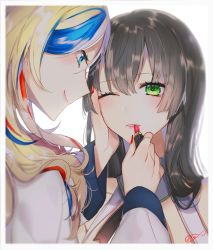 Rule 34 | 10s, 2girls, applying makeup, bad id, bad pixiv id, blonde hair, blue eyes, blue hair, blush, brown hair, commandant teste (kancolle), cosmetics, eye contact, green eyes, hand on another&#039;s cheek, hand on another&#039;s face, kantai collection, lips, lipstick, lipstick tube, long hair, looking at another, makeup, mizuho (kancolle), multicolored hair, multiple girls, nail polish, one eye closed, profile, red hair, red nails, smile, streaked hair, upper body, yakusuke, yuri