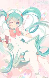 Rule 34 | 1girl, ;q, artist name, blush, clipboard, closed mouth, commentary, dress, feet out of frame, gloves, green eyes, green footwear, green hair, hat, hatsune miku, highres, holding, holding syringe, loafers, long hair, looking at viewer, nurse, nurse cap, one eye closed, pixiv id, puffy short sleeves, puffy sleeves, rimuu, shoes, short sleeves, smile, solo, syringe, thighhighs, tongue, tongue out, twintails, twitter username, v-shaped eyebrows, very long hair, vocaloid, white dress, white gloves, white hat, white thighhighs