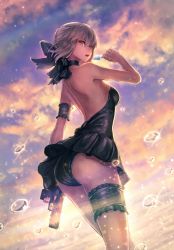 Rule 34 | 1girl, artoria pendragon (alter swimsuit rider) (fate), artoria pendragon (alter swimsuit rider) (first ascension) (fate), artoria pendragon (fate), ass, bare shoulders, bikini, breasts, bridal garter, cloud, cloudy sky, commentary request, dusk, fate/grand order, fate (series), food, frilled bikini, frills, gun, hair ribbon, handgun, highres, kuroi susumu, looking at viewer, looking back, looking down, medium breasts, open mouth, pistol, popsicle, revision, ribbon, short hair, silver hair, sky, solo, swimsuit, trigger discipline, water, water drop, weapon, yellow eyes