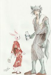Rule 34 | 1boy, 1girl, absurdres, arms at sides, bare arms, beastars, black nails, bottle, closed mouth, fingernails, full body, furry, furry female, furry male, haru (beastars), highres, holding, holding bottle, holding towel, japanese clothes, kimono, legoshi, long sleeves, looking afar, looking back, miizzeee, nail polish, rabbit girl, red kimono, sash, sharp fingernails, simple background, size difference, sleeves rolled up, slippers, standing, striped clothes, striped kimono, towel, towel on one shoulder, traditional media, vertical-striped clothes, vertical-striped kimono, wet, wet hair, wolf boy, yukata