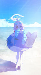 Rule 34 | 1girl, absurdres, ahoge, beach, bikini, blue archive, blue eyes, blue jacket, blush, dated, day, eyewear on head, full body, grin, hair between eyes, halo, highres, hoshino (blue archive), hoshino (swimsuit) (blue archive), inflatable toy, inflatable whale, jacket, long hair, looking at viewer, navel, ocean, official alternate costume, outdoors, pink hair, qs11, sandals, signature, smile, solo, standing, swimsuit, white bikini, yellow eyes