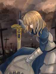 Rule 34 | 1girl, ahoge, armor, armored dress, artoria pendragon (fate), blonde hair, breastplate, brown sky, cross, crying, excalibur (fate/stay night), closed eyes, fate (series), from side, gauntlets, highres, juliet sleeves, long sleeves, planted sword, planted, puffy sleeves, saber (fate), short hair, sii artatm, solo, sword, weapon