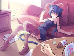 Rule 34 | 1girl, animal ears, blue hair, blush, bottle, bottomless, cat, cat ears, cat tail, cat teaser, catnip, couch, dress, drugged, drunk, flat chest, hiccup, intriguing stare, kazuita, legs, long hair, lying, matatabi, no bra, on back, outstretched arms, paper, pillow, ponytail, pov, purple thighhighs, reclining, short dress, sleeping, solo focus, spread arms, strap slip, sundress, table, tail, thighhighs, tsukumo kazuita, yellow eyes, you gonna get raped