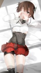 Rule 34 | 10s, 1girl, bike shorts, bike shorts under skirt, blush, brown hair, covering one eye, covering own mouth, kantai collection, lying, shade, short hair, shorts, shorts under skirt, sino (sionori), solo, taihou (kancolle), tears