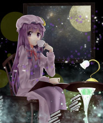 Rule 34 | 1girl, book, crescent, cup, hat, highres, lamp, long hair, moon, night, patchouli knowledge, purple eyes, purple hair, solo, sparkle, teacup, tika (mika4975), touhou, window, witch hat