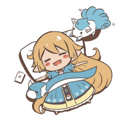 Rule 34 | 10s, 1girl, :d, alolan form, alolan vulpix, bad id, bad pixiv id, blonde hair, blue dress, blush stickers, cellphone, character request, charlotta (granblue fantasy), chibi, closed eyes, creatures (company), crossover, dratini, dress, from above, full body, game freak, gen 1 pokemon, gen 7 pokemon, granblue fantasy, long hair, looking at another, lying, motion lines, nintendo, o (rakkasei), on back, open mouth, outstretched arms, phone, pillow, pointy ears, pokemon, pokemon (creature), pokemon go, puffy short sleeves, puffy sleeves, short sleeves, sleeping, smartphone, smile, solid oval eyes, spread arms, very long hair, white background