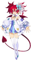 Rule 34 | 1girl, alternate costume, asymmetrical footwear, blue footwear, bow, demon girl, demon tail, demon wings, detached collar, detached sleeves, disgaea, disgaea rpg, dress, earrings, etna (disgaea), flat chest, full body, hair bow, jewelry, layered sleeves, long hair, mismatched footwear, official art, open mouth, popped collar, red eyes, red hair, short dress, simple background, slit pupils, solo, strapless, strapless dress, tail, thighhighs, twintails, white background, white thighhighs, wings