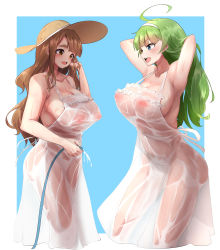 Rule 34 | 2girls, 96nokimihito, absurdres, ahoge, armpits, bare shoulders, blue background, blue eyes, blunt bangs, breasts, brown eyes, brown hair, cleavage, commentary request, dress, green hair, hairband, halter dress, halterneck, hat, highres, hose, idolmaster, idolmaster million live!, large breasts, long hair, miyao miya, multiple girls, nipples, no bra, no panties, open mouth, see-through, shimabara elena, straw hat, thick eyebrows, water, wet, wet clothes, white dress, white hairband