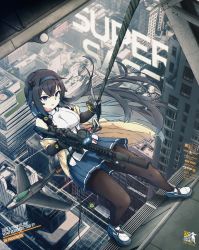 Rule 34 | 1girl, absurdres, black hair, blue eyes, breasts, character name, commentary, copyright name, english commentary, girls&#039; frontline, hair flaps, highres, huge filesize, long hair, medium breasts, mod3 (girls&#039; frontline), pantyhose, pleated skirt, scope, skirt, solo, super sass, super sass (girls&#039; frontline), super sass (mod3) (girls&#039; frontline), tom clancy&#039;s the division, vehicle request, very long hair, xandier59