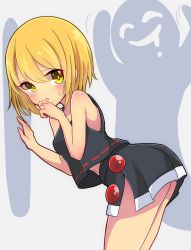 Rule 34 | 1girl, :o, absurdres, arm support, ass, bent over, black skirt, black vest, blonde hair, blush, breasts, commentary request, cowboy shot, drooling, eyes visible through hair, from side, grey background, hand on own face, hand on wall, highres, inon, looking at viewer, lunasa prismriver, medium breasts, midriff peek, miniskirt, navel, no bra, no headwear, no headwear, no shirt, rape face, shadow, short hair, side slit, silhouette, simple background, skirt, solo, standing, sweat, tears, touhou, vest, yellow eyes