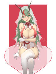 Rule 34 | 1girl, armlet, artist name, blush, breast hold, breasts, cleavage, crossed legs, dragon girl, dragon horns, earrings, eyelashes, eyeshadow, furrowed brow, gloves, green eyes, green hair, hair between eyes, half-closed eyes, heart, heart-shaped pupils, highres, hoop earrings, horns, itoucon, jewelry, large breasts, lips, lipstick, long hair, looking at viewer, makeup, multicolored hair, original, red hair, revealing clothes, signature, sitting, solo, symbol-shaped pupils, thighhighs, thighs, tongue, tongue out, two-tone hair, veil, white gloves, white thighhighs