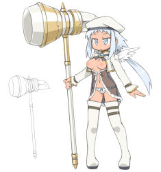 Rule 34 | 1girl, :&lt;, blue hair, boots, breasts, cannsk, commentary request, cropped jacket, dark-skinned female, dark skin, feathered wings, frown, full body, hammer, hat, holding, holding hammer, nipples, original, ribbon-trimmed panties, see-through, small breasts, solo, thigh boots, white footwear, wings