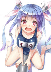 Rule 34 | 10s, 1girl, alexmaster, barefoot, blue hair, blunt bangs, breasts, hair ornament, heart, heart-shaped pupils, highres, holding, i-19 (kancolle), kantai collection, large breasts, long hair, one-piece swimsuit, open mouth, red eyes, school swimsuit, simple background, sitting, solo, swimsuit, symbol-shaped pupils, torpedo, twintails, wariza, white background