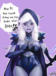 Rule 34 | 1girl, angry, armor, arrow (projectile), blue eyes, blue skin, blush, bow, breasts, cape, colored skin, crystal, dota (series), dota 2, fingernails, hand on own chest, highres, hood, large breasts, long hair, looking at viewer, open mouth, shaking, signature, solo, taru (pixiv27808073), tears, white hair