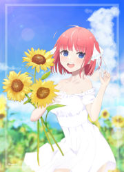 Rule 34 | 1girl, :d, absurdres, bare shoulders, blue eyes, blunt bangs, blush, breasts, butterfly hair ornament, cleavage, collarbone, dress, field, flower, flower field, go-toubun no hanayome, hair ornament, highres, holding, holding flower, kakato(42909503), large breasts, looking at viewer, nakano nino, off-shoulder dress, off shoulder, open mouth, outdoors, pink hair, raised eyebrows, ribbon, smile, sundress, sunflower, sunflower field, twintails, white dress, white ribbon